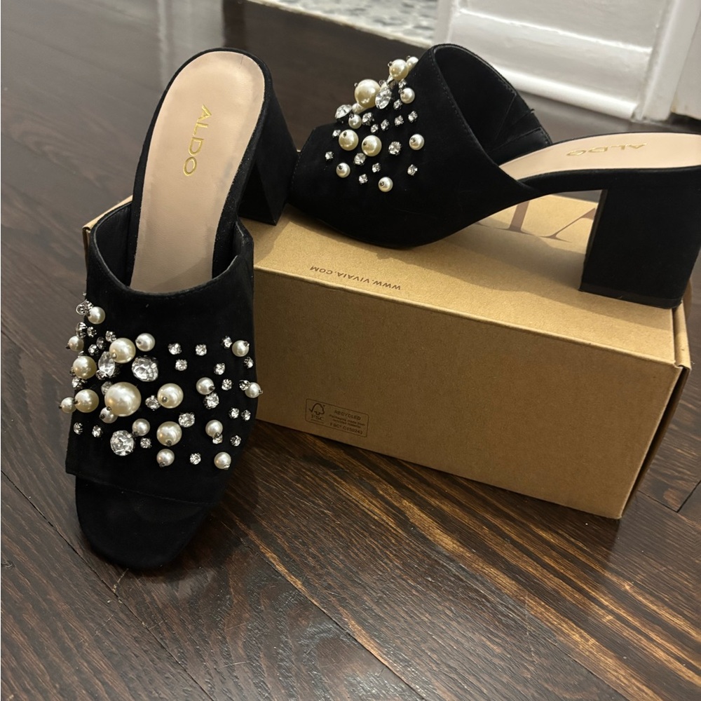 Aldo Black Heels with Pearl and Crystal Accents